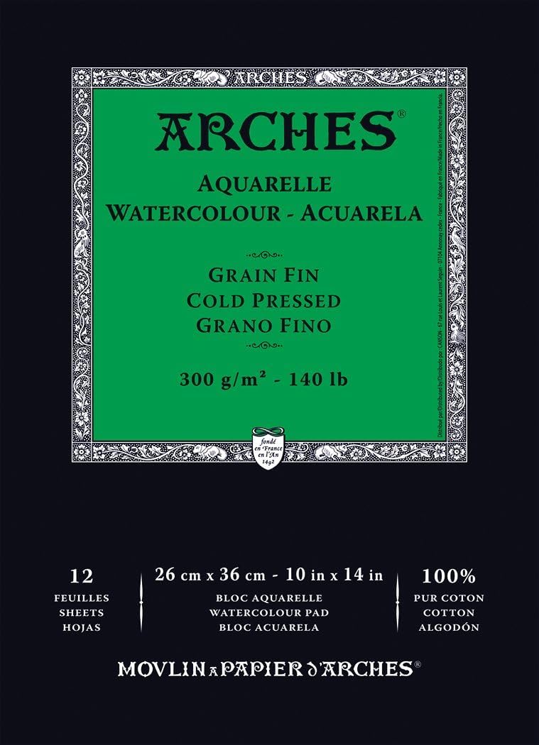 Arches Aquarelle Watercolor Paper Pad, Cold Pressed, 140lb/300gsm, 12 Sheet, 10x14 inch, 1 Count
