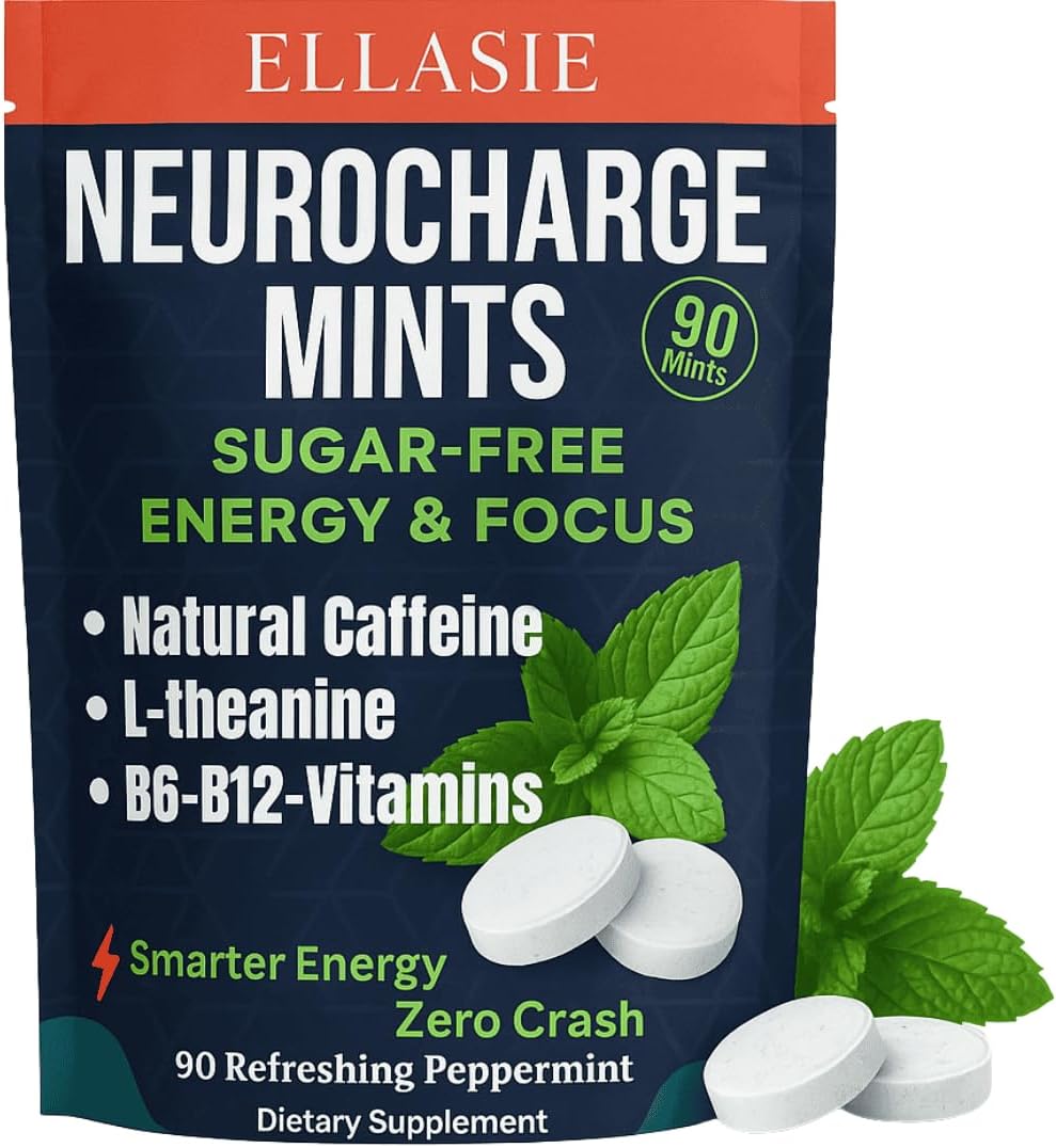 NeuroCharge Energy & Focus Gum (Peppermint, 90 Pieces) | 80mg Natural Caffeine + L-Theanine + Vitamin B12 & B6 | Sugar Free Nootropic Cognitive Brain Performance Supplement