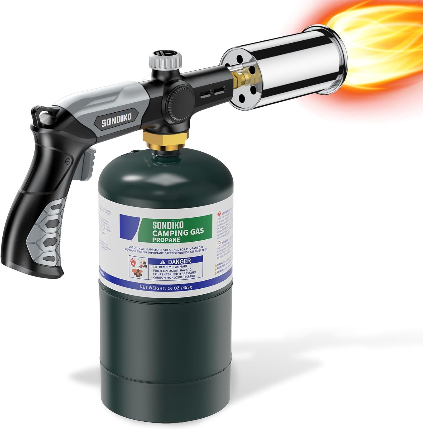 Sondiko Powerful Grill & Cooking Propane Torch L8010, Sous Vide, Campfire Starter, Adjustable Wood Torch Burner for Searing Steak, BBQ, Welding(Black, Grey) Propane Tank Not Included
