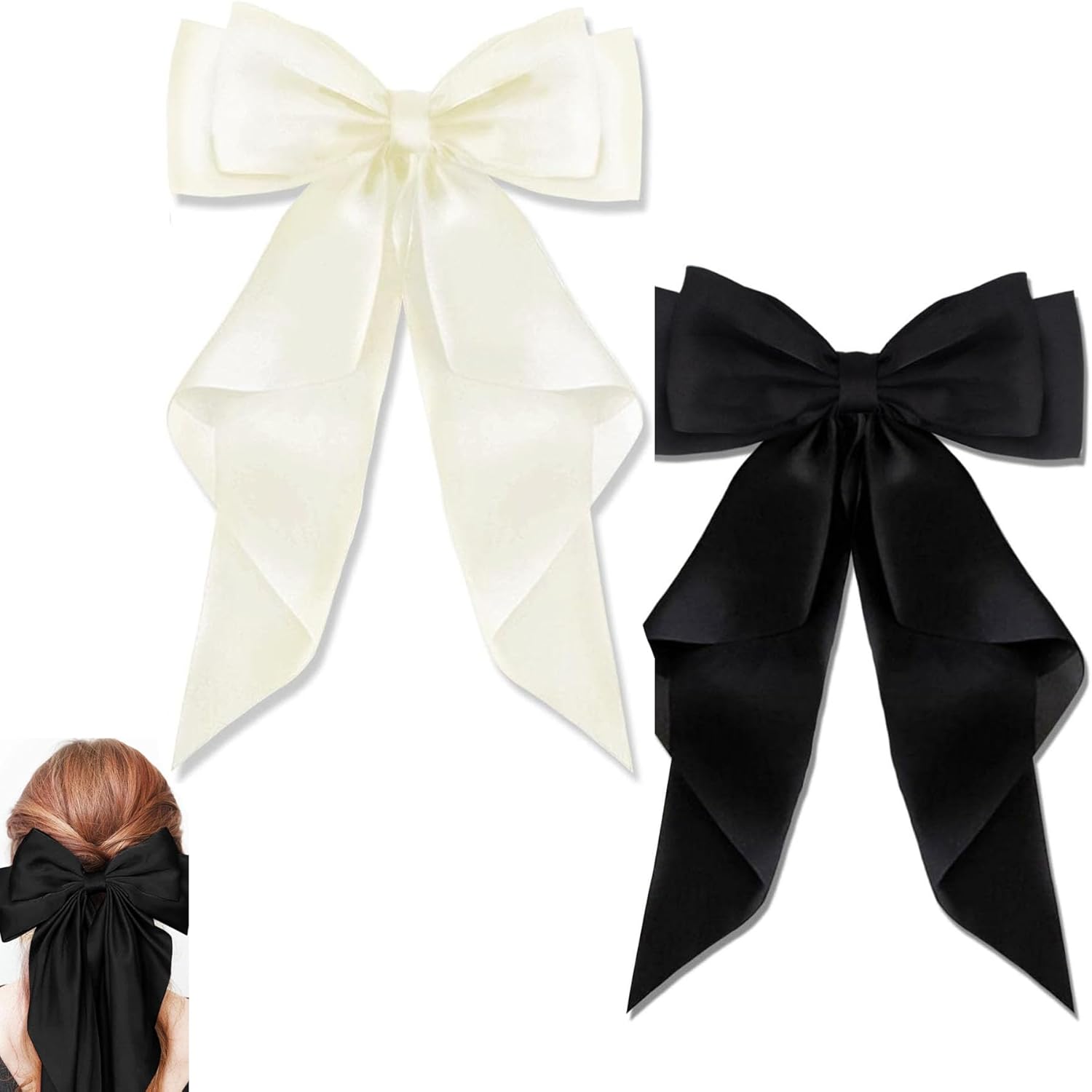 BAIYSFFG Big Bow Hair Clips with Long Silky Satin,2PCS Solid Color French Barrette Simple Hair Fastener Accessories for Women Girls