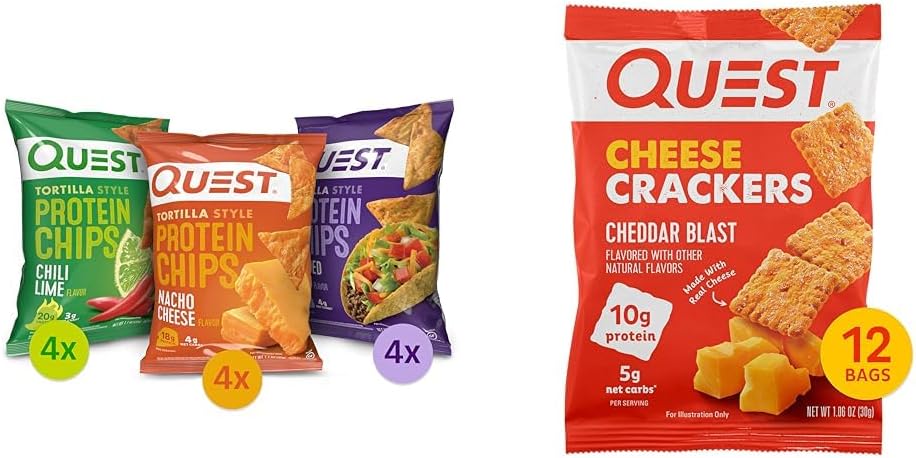 Quest Nutrition Tortilla Style Protein Chips Variety Pack & Cheese Crackers, Cheddar Blast, High Protein, Low Carb, Made with Real Cheese, 12 Count (1.06 oz bags)