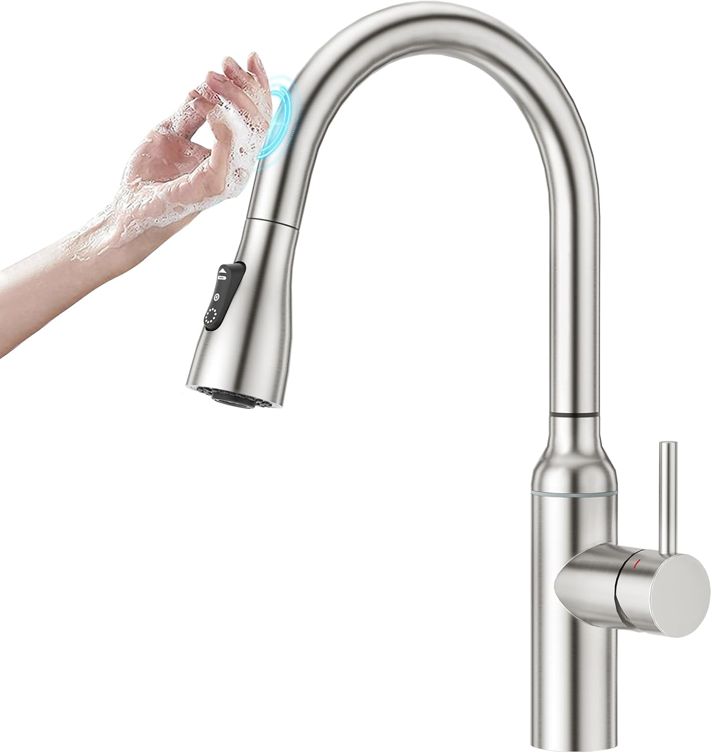 CREA Touch Sensor High Arch Kitchen Sink Mixer Tap with Pull Out Spray, Single Lever Kitchen Tap, Brushed