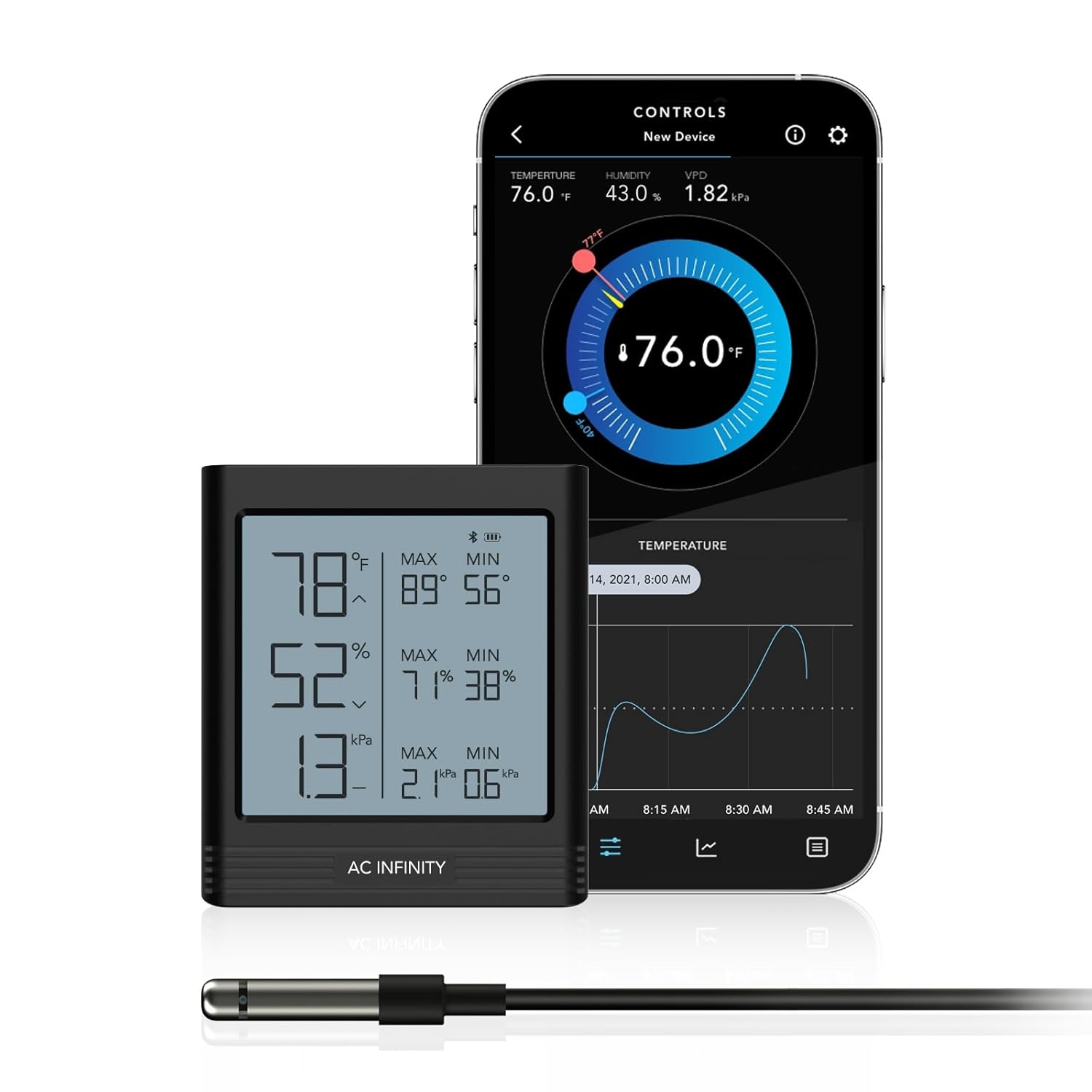 AC Infinity CLOUDCOM B1, Temperature Humidity VPD Smart Hygrometer with LCD Display & Bluetooth App Monitor, Climate Gauge Thermometer Sensor Probe for Basements, Guitar Rooms, Grow Tents, Greenhouses
