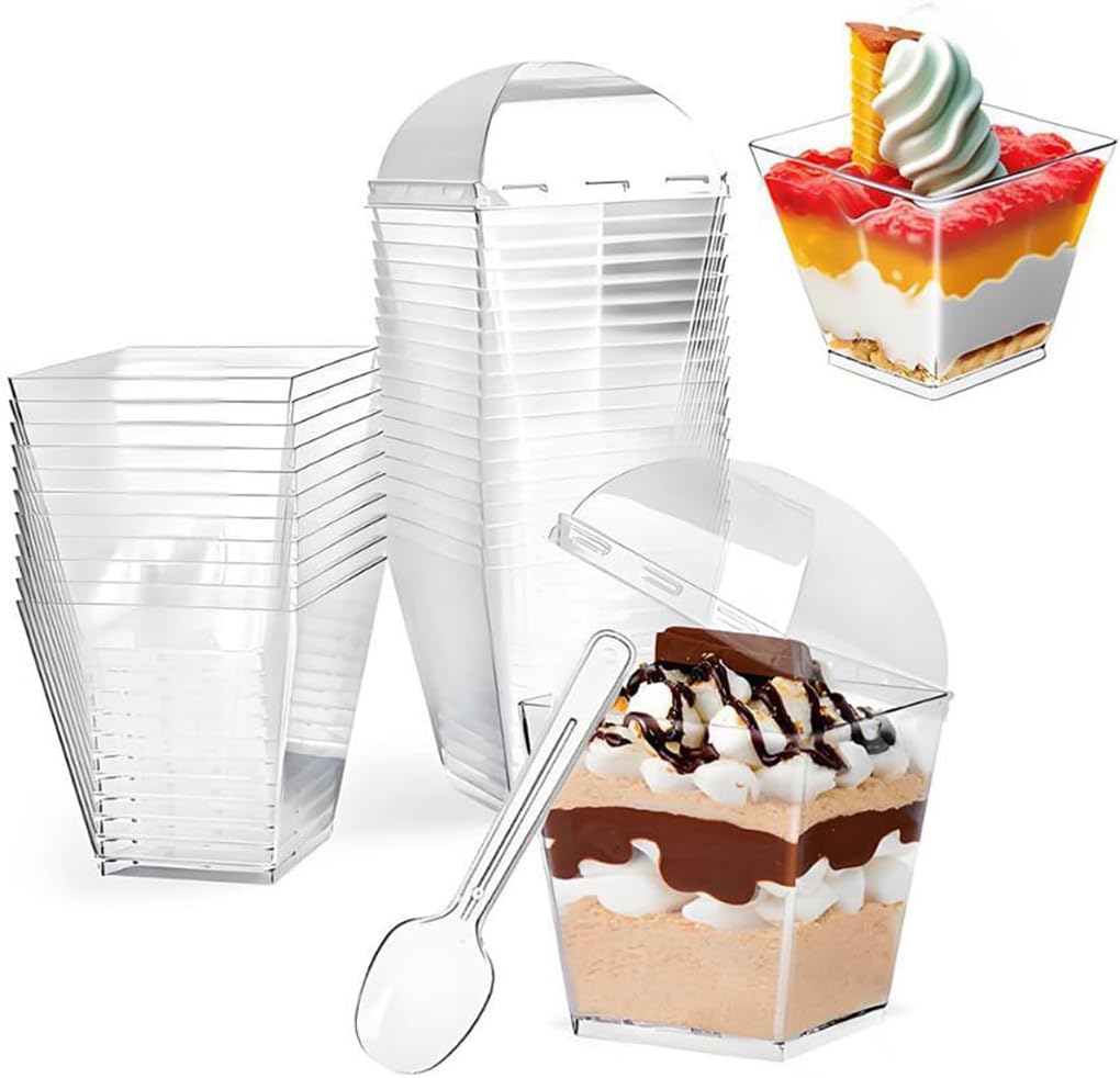 LJYING 50 Pcs 120ml/4oz Dessert Cups & Bowls with Lids & Spoons - Reusable Hard Plastic Square Cheesecake Pots - Clear Serving Bowls for Pudding, Mousse, Trifles, Appetizers, Parties (120ml/4oz)
