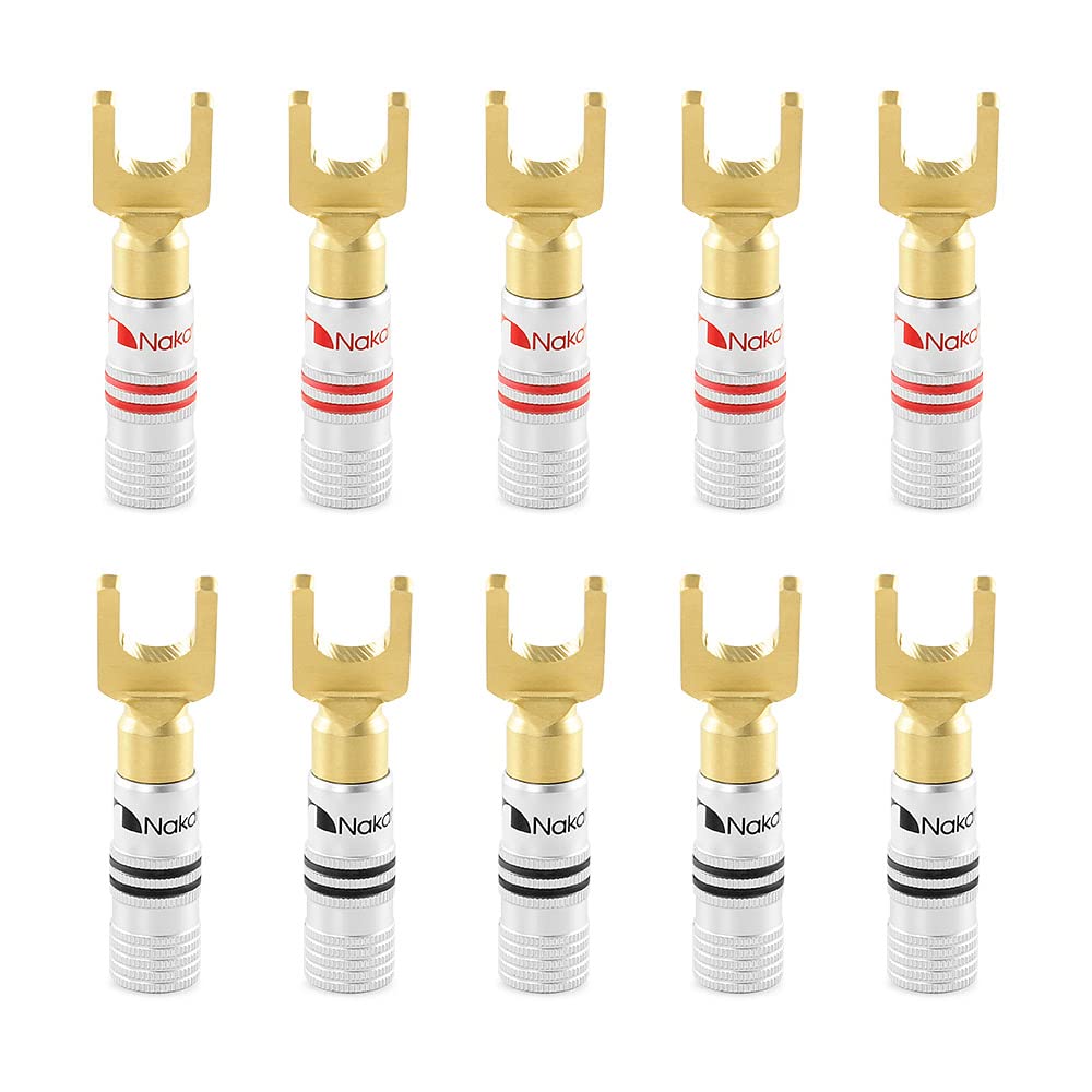 Nakamichi Excel Series 24k Gold Plated Spade Y Banana Plug 12-18 AWG Gauge Size 4mm for Speakers Amplifier Hi-Fi AV Stereo Home Theatre Audio Wire Cable Screw Connector, 10 Pcs (5-Pairs)