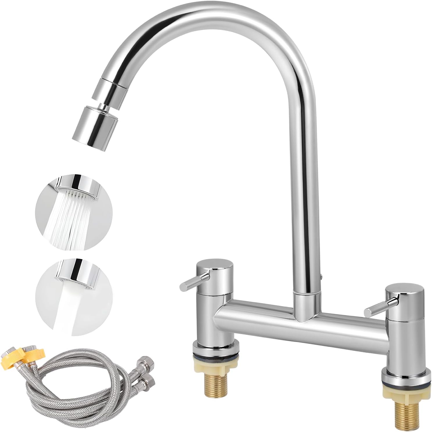 Kitchen Mixer Taps 2 Hole, Traditional Bridge Mixer Tap UK Standard, Cold and Hot Mixer Tap with Swivel Spout and Dual Spray Modes, Taps Mixer Deck Mounted, Tap Sink for Kitchen Bathroom (02)