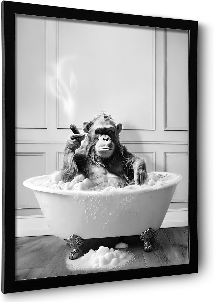 Framed Bathroom Decor Wall Art, Chimpanzee in Bathtub, Black and White Wall Art, Funny Bathroom Wall Decor Signs, Cute Animal Art for Bathroom (Framed,8''x10'')1