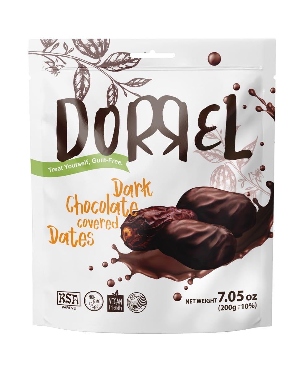 DORREL - Belgian Dark Chocolate Covered Medjool Dates, High Energy Vegan Choco Snack Delicious, Kosher & Non-GMO, Pack of 1 Chocolate Covered Dates, 7.05 oz / 200 g Ea