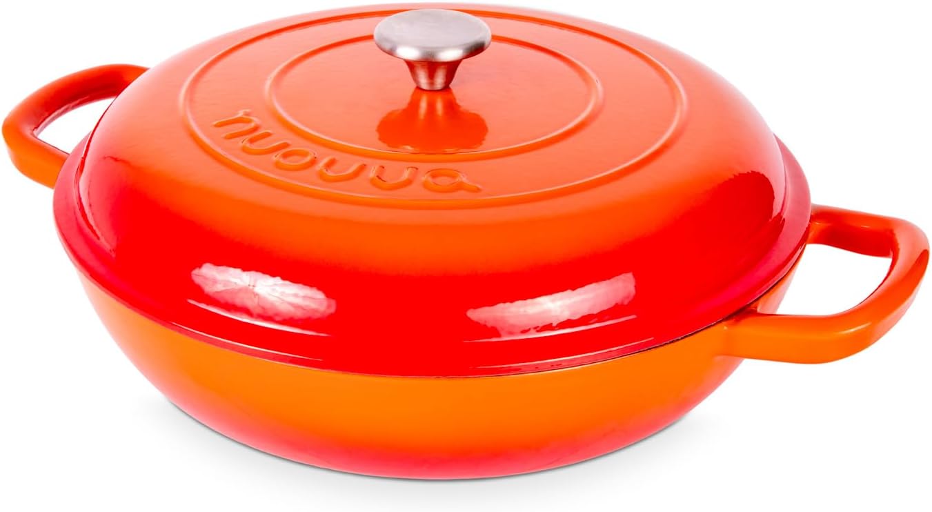 Shallow Cast Iron Casserole with Lid – Non Stick Dutch Oven Pot, Oven Safe up to 500° F – Sturdy Ovenproof Stockpot Cookware – Enamelled Cooking Pot – Orange, 5-Quart, 32cm – by Nuovva