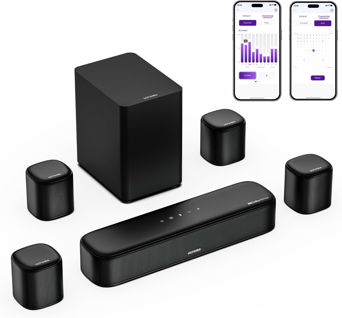ULTIMEA 7.1ch Sound Bar with Dolby Atmos, Surround Sound System for TV with 4 Surround Speakers, Sound Bar for Smart TV with App Control, Soundbar with Subwoofer for Home Theater, HDMI eARC, Aura A60