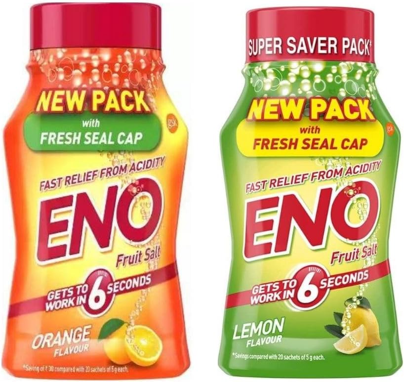 2 x 100g ENO Fruit Salt Combo Pack | Quick & Effective Relief from Acid Reflux, Indigestion & Acidity | Orange & Lemon