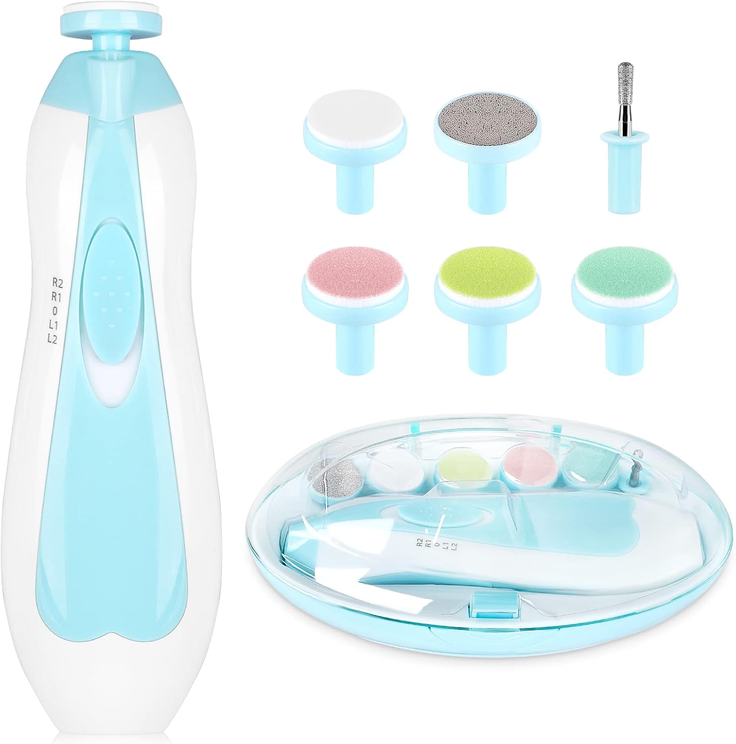 Qunlions life Baby Electric Nail File, 8 in 1 Safe Baby Nail Trimmer, Baby Nail Clippers with 6 Grinding Heads and Light, Baby Nail Care Kit for All Ages (Blue)