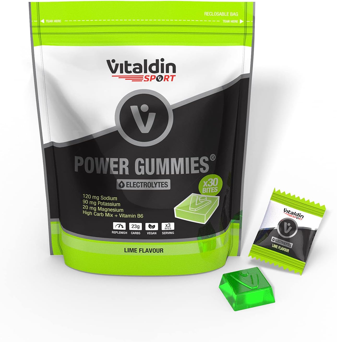 VITALDIN Sport Power Gummies Electrolytes – Electrolyte Replacement – 120 mg Sodium, 90 mg Potassium, 20 mg Magnesium per Serving + Vitamin B6 – 30 Chewable Gummy Bites – Lime Flavour – Vegan