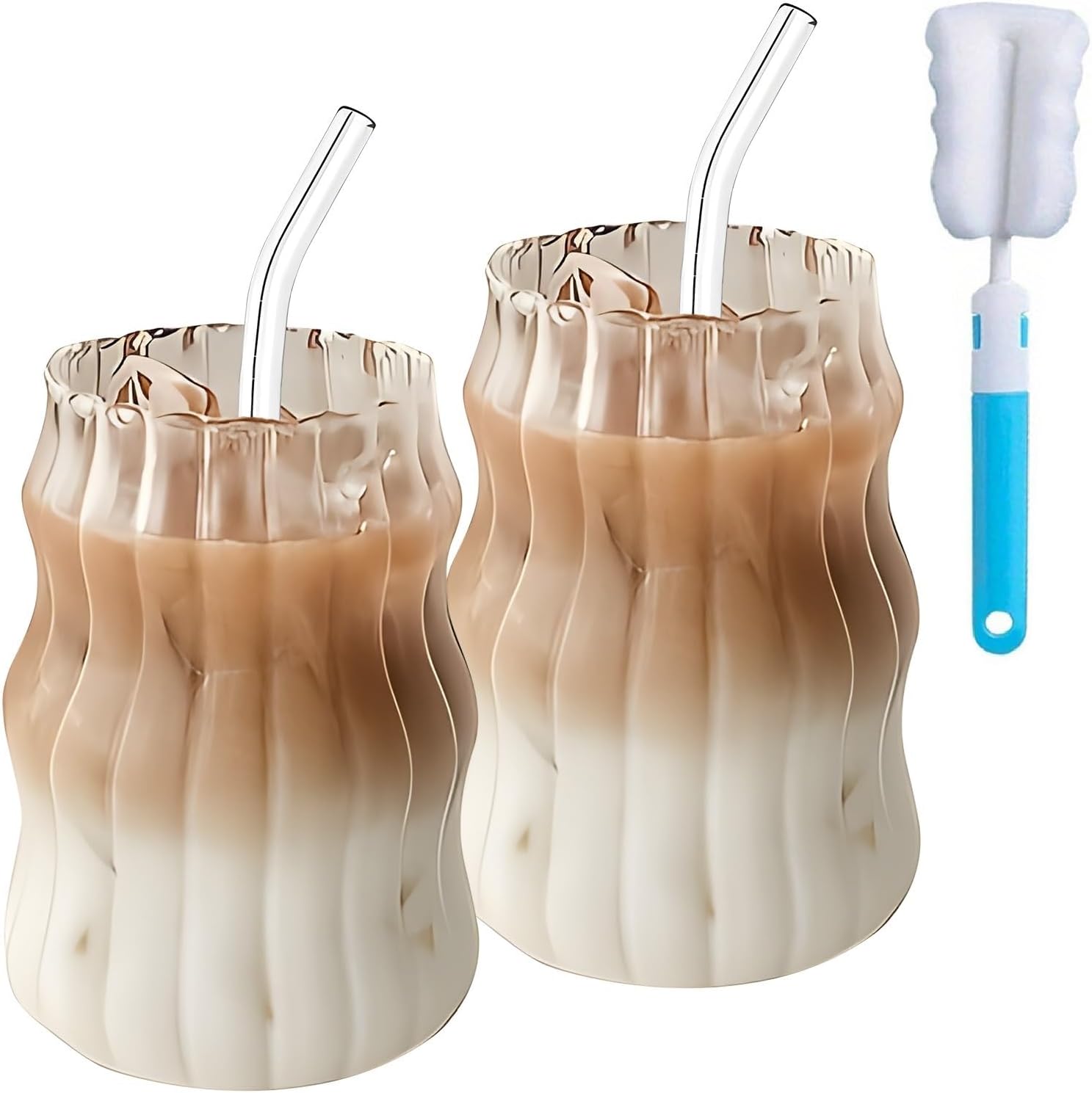 2Pcs 530ML Glass Mugs with Straws - Clear Iced Coffee Cup Matcha Ribbed Wavy Glass Cups Matcha Glasses with Straws Brush & Cup Brush for Ice Coffee Juice Drink Milk Tea Cocktail Wedding Birthday Gift