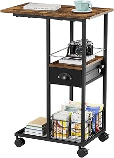 C Shaped Sofa Side Table: Couch End Table with Drawer - Bedside Table with Wheels - 19.7''L x 11.8''W x 28''H - C Mobile Tables with Storage Basket for Living Room Bedroom