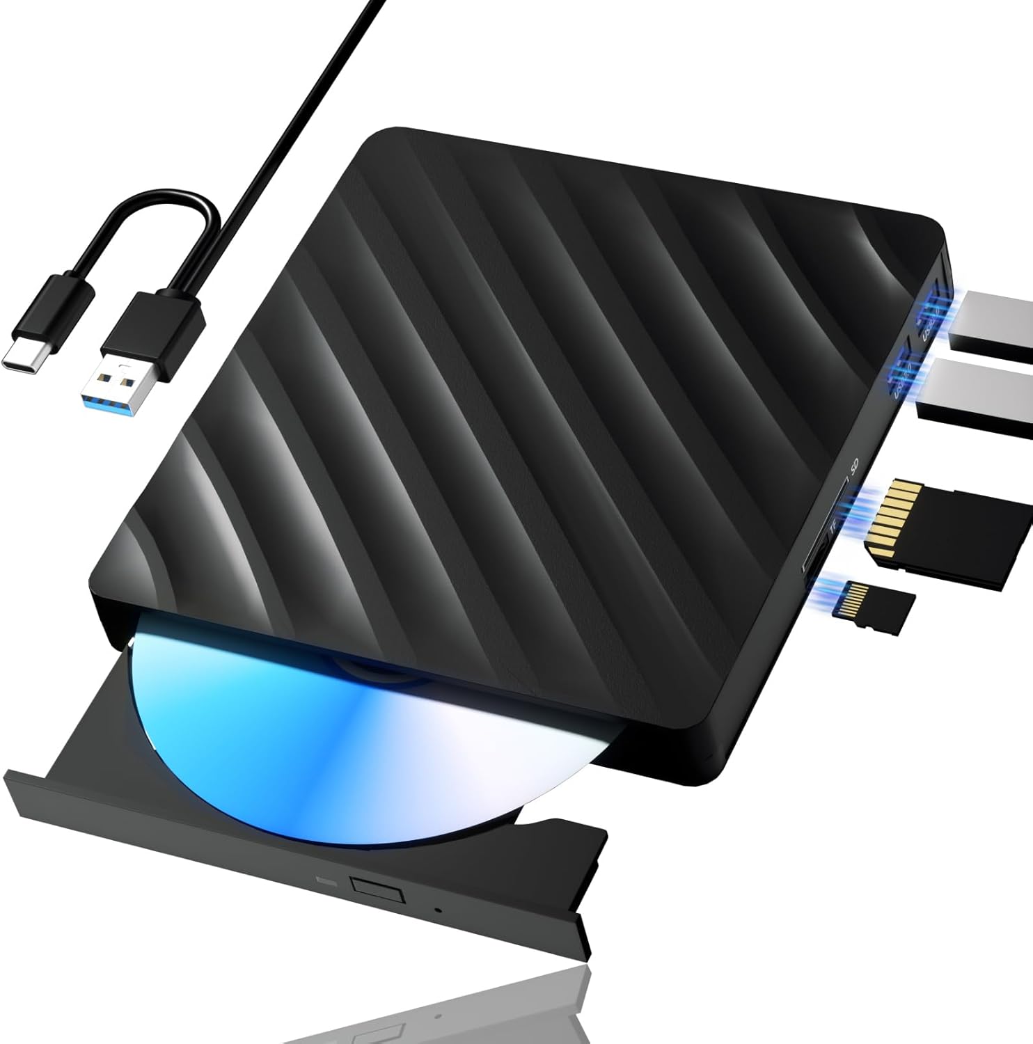 5 in 1 External Blu Ray Drive, Portable Blu Ray Player with USB 3.0 Type-C, CD DVD Burner 3D Blu Ray with SD/TF Port, Blu Ray Drive Compatible with Windows Laptop Desktop (Updated Version)