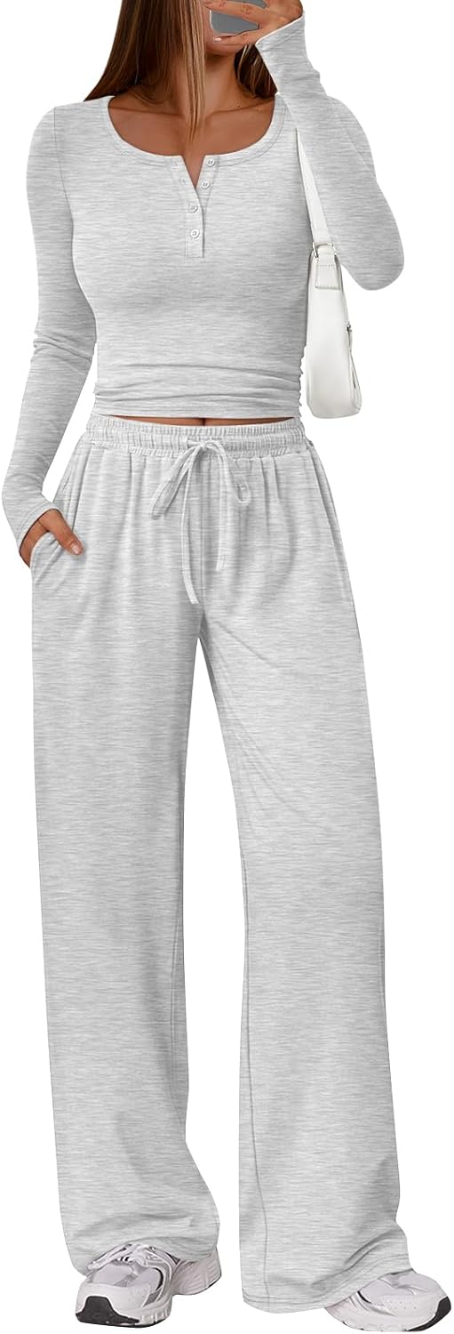 Trendy Queen Women's 2 Piece Matching Lounge Sets Long Sleeve Henley Neck Slightly Crop Top Wide Leg Pants Casual Sweat Suit