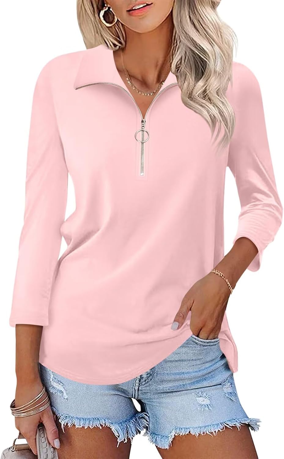 Minetom Women's V Neck 3/4 Sleeve Tops Quarter Zip Collared Shirts Polo Shirts Summer Tees
