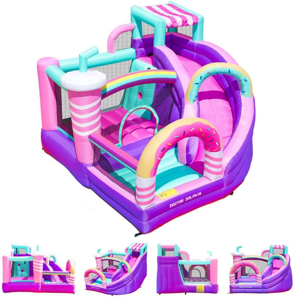 Inflatable Bounce House with Slide, Bounce Castle Indoor Outdoor Bouncy Castle, Multi-Function Play Area with Climbing Wall, Pink and Purple