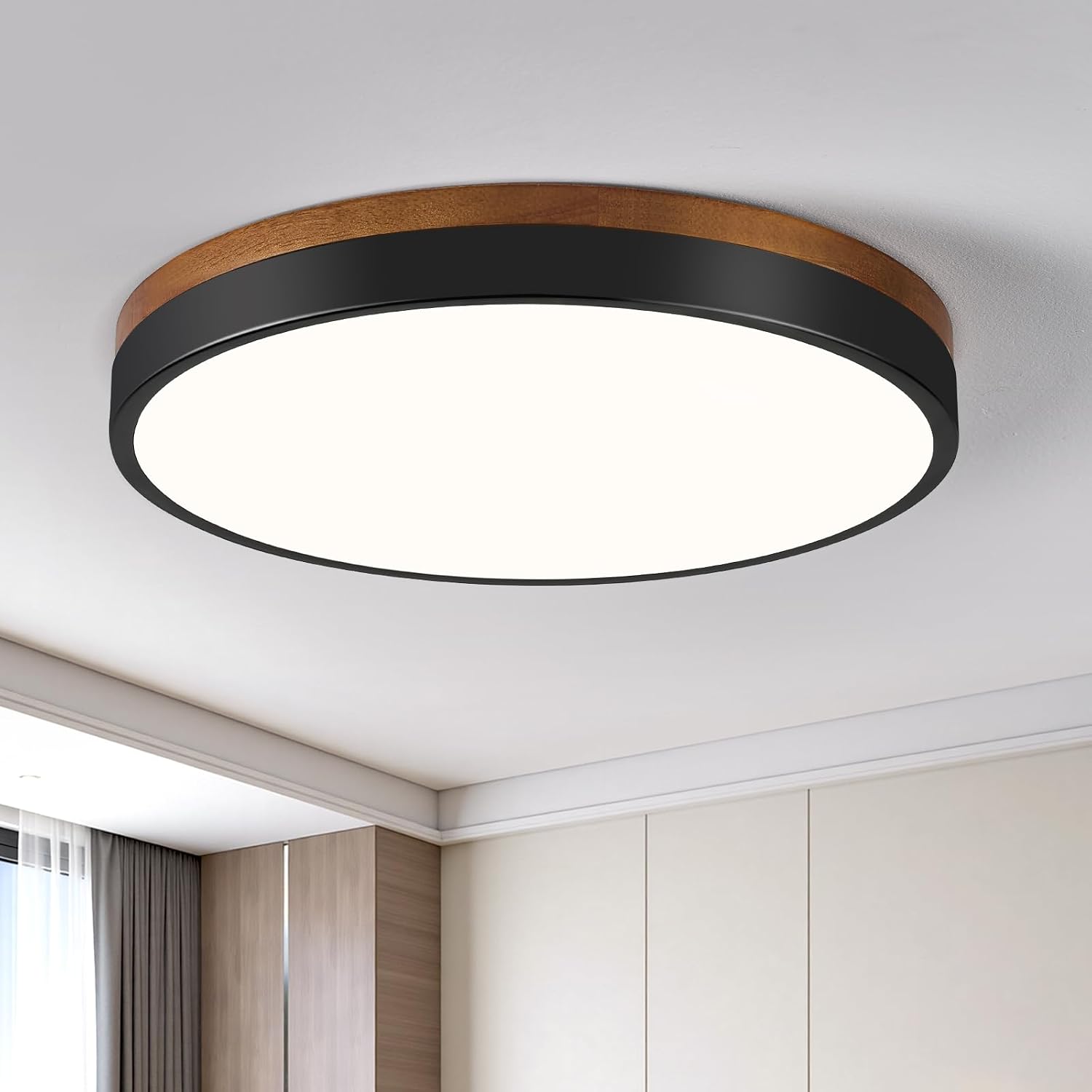 Modern Walnut Wood Black Flush Mount Ceiling Light 11.81 Inch