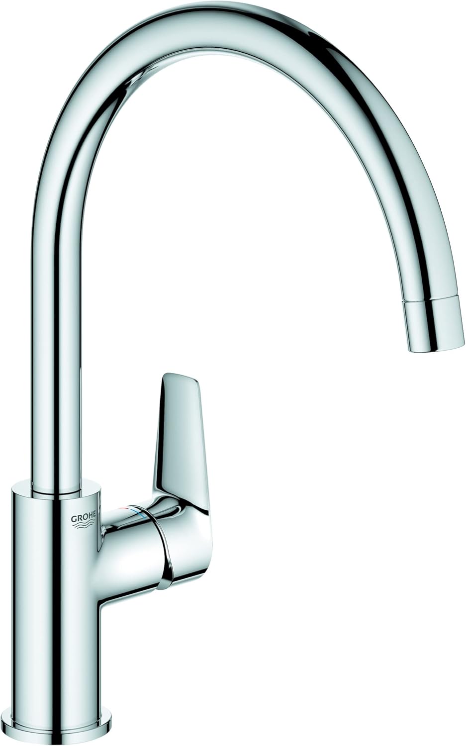 GROHE Start Edge – Single Lever Kitchen Sink Mixer Tap (High C-Spout, 360˚ Swivel Range, 28 mm Ceramic Cartridge, Tails 3/8 Inch, Min. Recommended Pressure 1.0 bar), Easy to Install, Chrome, 30529001