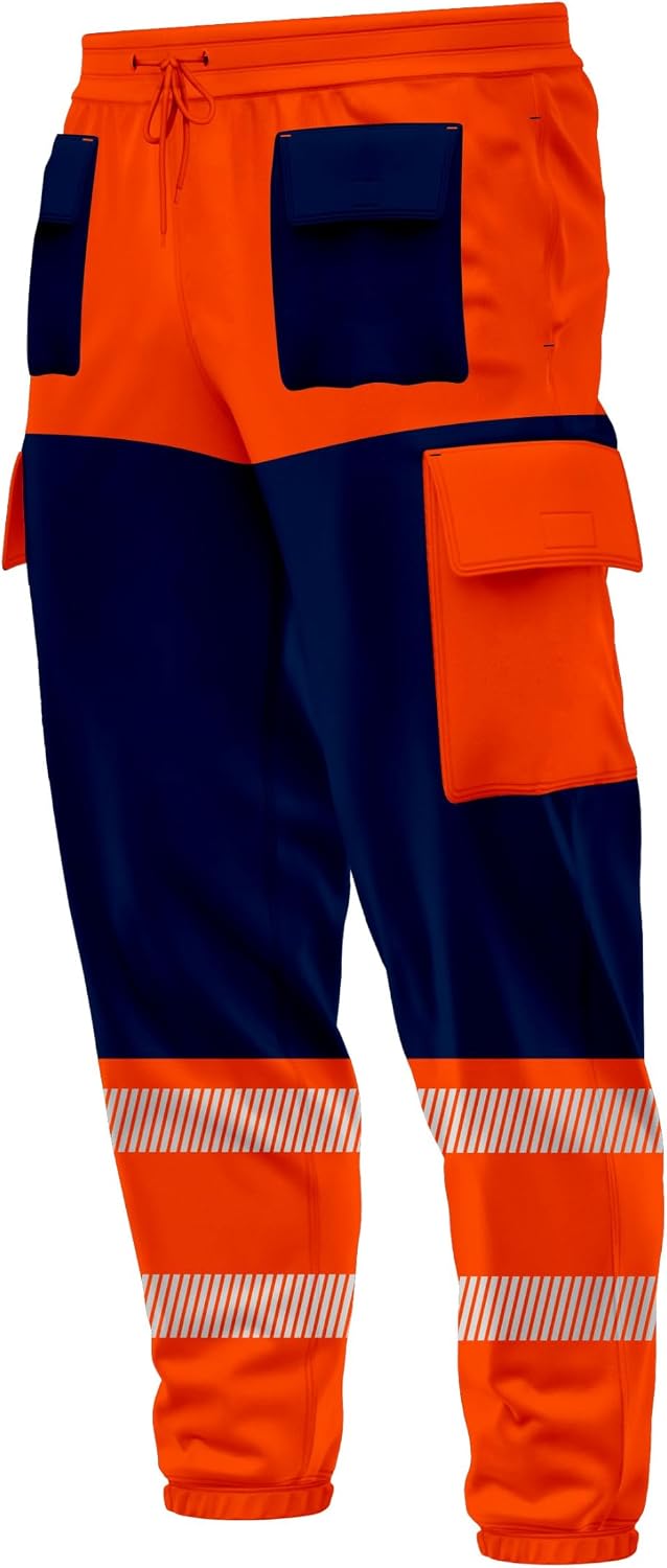 Mens Hi Vis High Visibility Contrast Multiple Pockets Cargo Trousers Bottoms Reflective Tape Drawstring Elasticated Waist Ankle Workwear Joggers