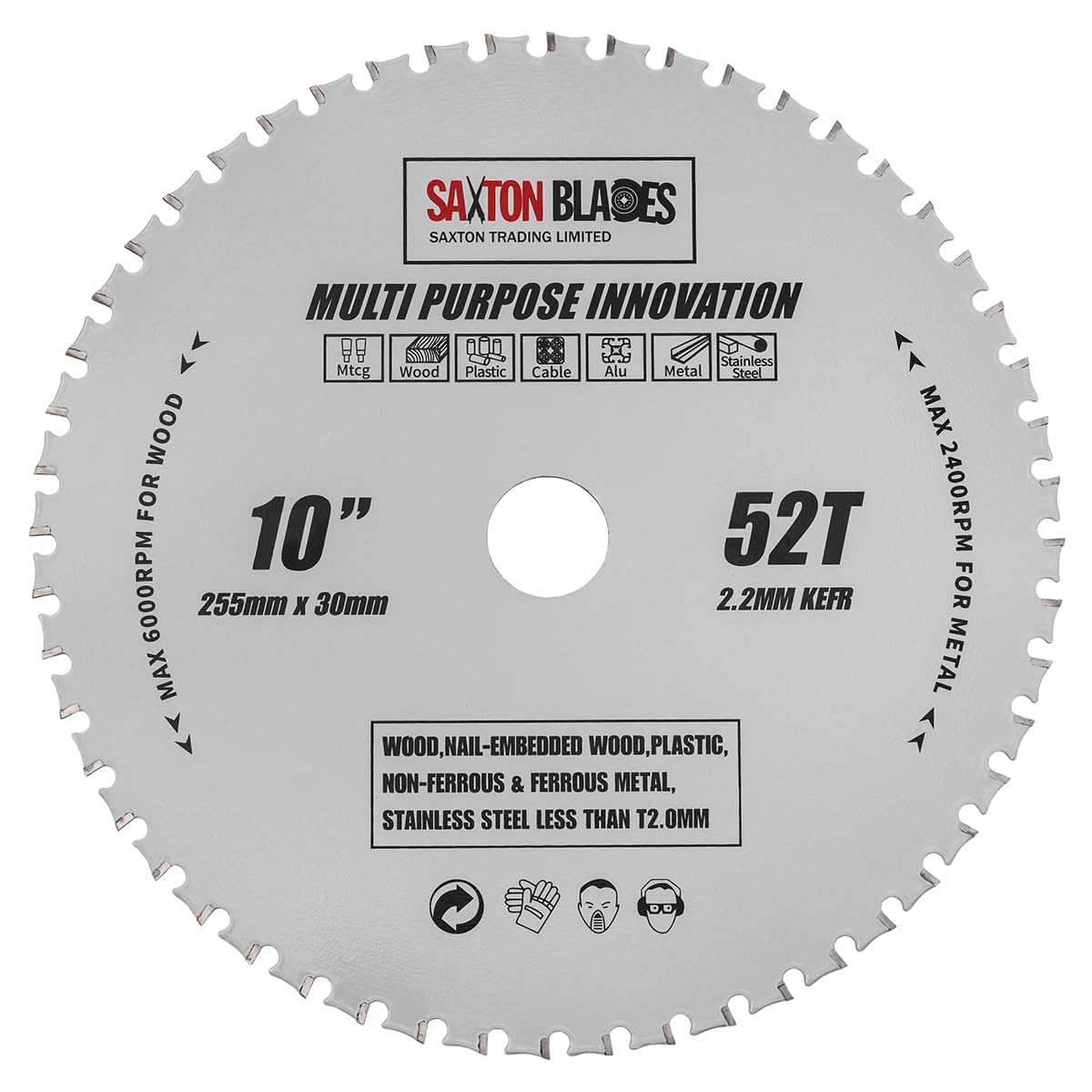TCT25552TMPT Saxton TCT Multi Purpose Innovation Circular Saw Blade 255mm x 52T Wood and Metal fits Bosch Dewalt Ryobi Makita etc