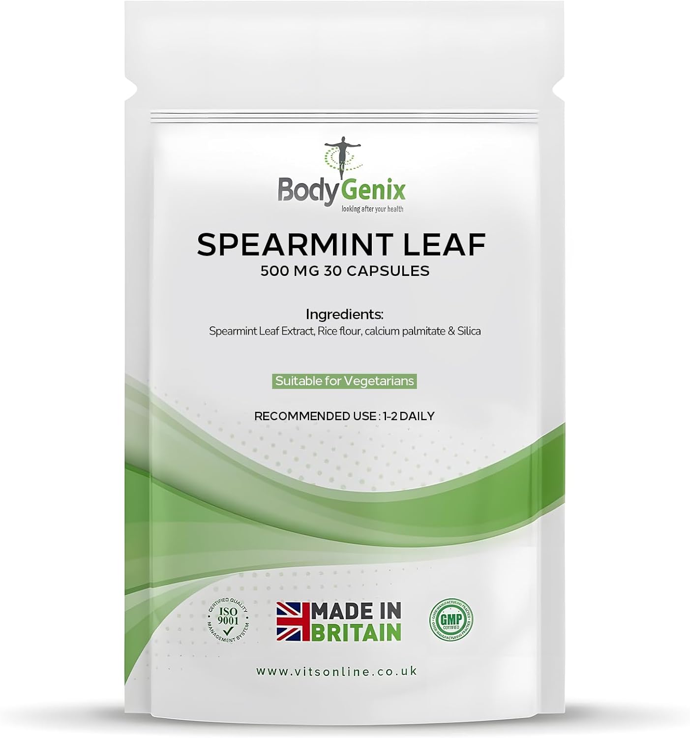 Bodygenix Spearmint Leaf Capsules - 500mg Hormonal Balance Digestive Health Fatigue & Stress Relief Support Antioxidant Formula Natural Food Supplement - 30 Capsules 1 Month Supply