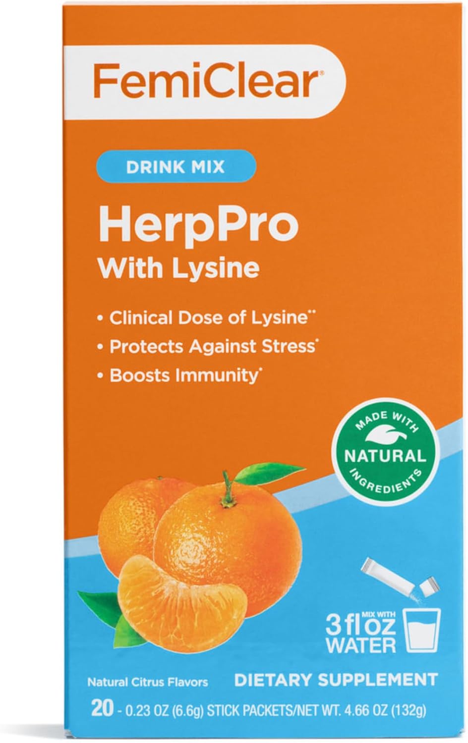 FemiClear HerpEase with L-Lysine 3000mg Dietary Supplement Drink Mix with Zinc 11mg Vitamins A and C 900mg Sensoril Ashwaganda 250mg Stevia Extract 60mg
