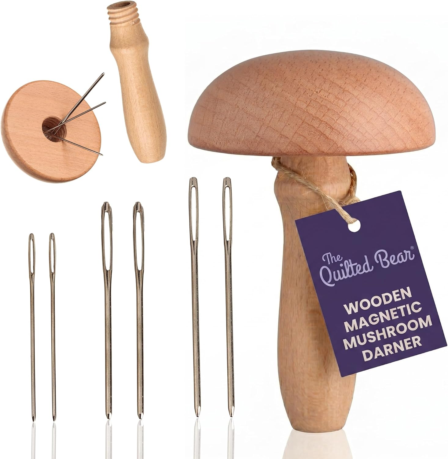 The Quilted Bear Wooden Darning Mushroom & 6 Darner Needles, Repair Clothes