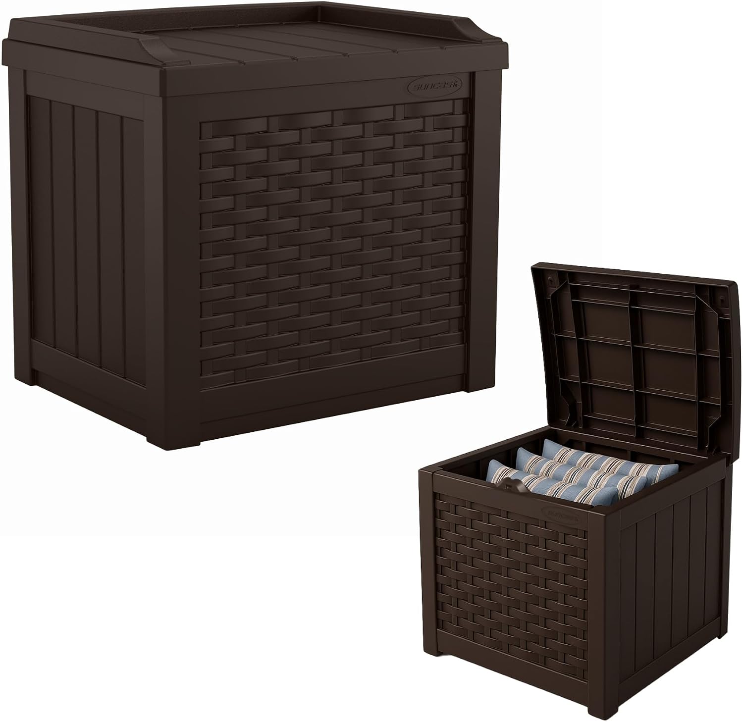 Suncast 22 Gallon Small Deck Box with Seat, Outdoor Storage Box, Java