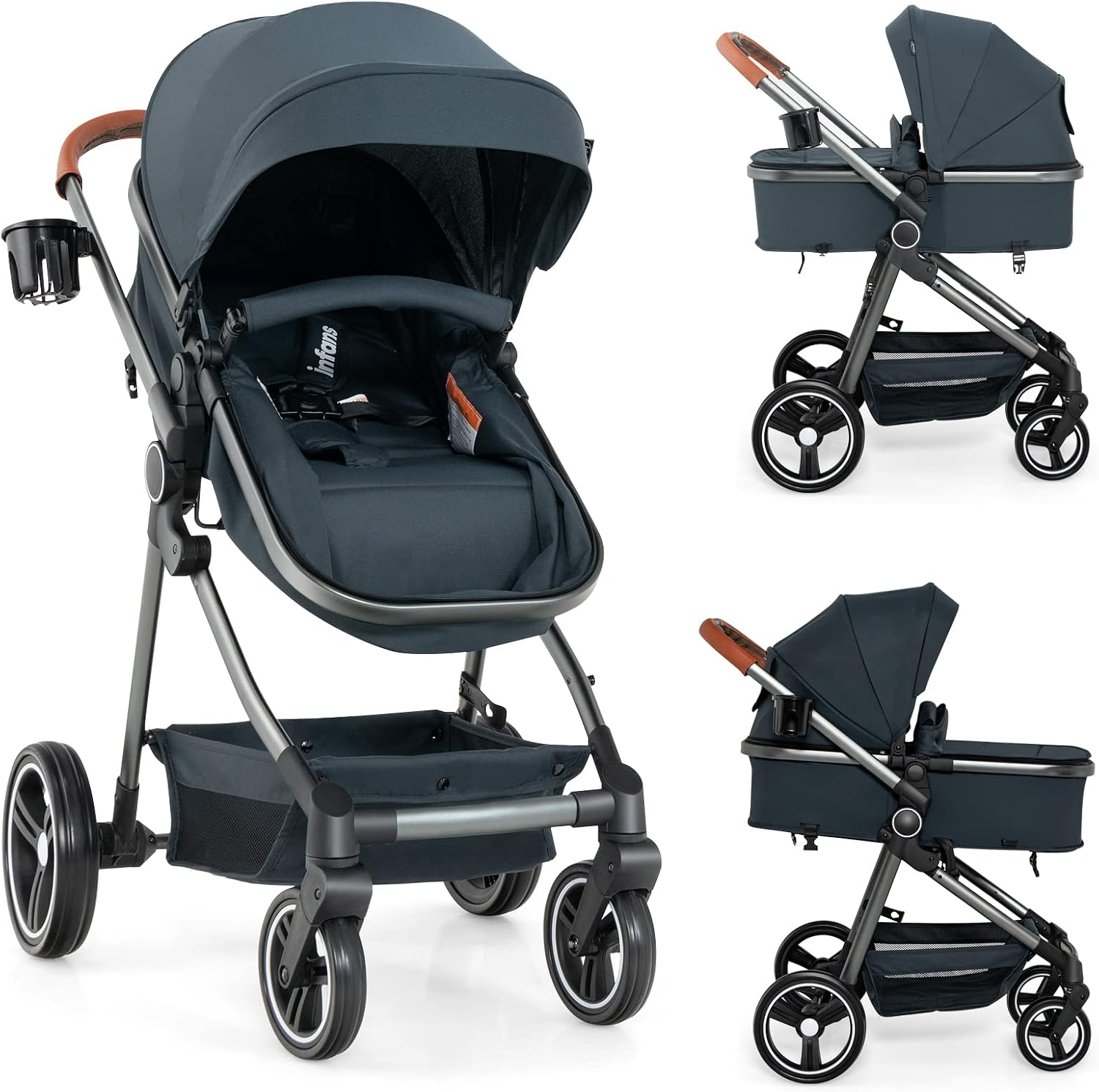 INFANS 2 in 1 Baby Stroller, Newborn Convertible Stroller Bassinet for Infant, Foldable High Landscape Shock Absorption with Reversible Seat, Aluminum Structure for Toddler Pushchair 0-36 Month