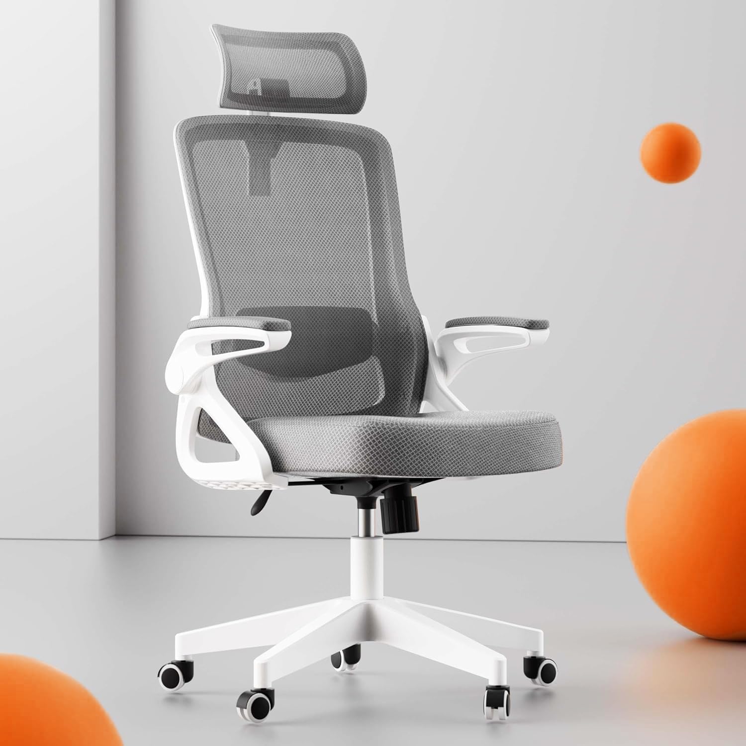 Ergonomic Office Chair, S-Shaped Mesh Desk Chairs, Adjustable Headrest & Lumbar Support, 90°Flip-Up Armrest, Breathable High Back & Widened Cushion, Swivel Computer Chair for Home/Study/Office