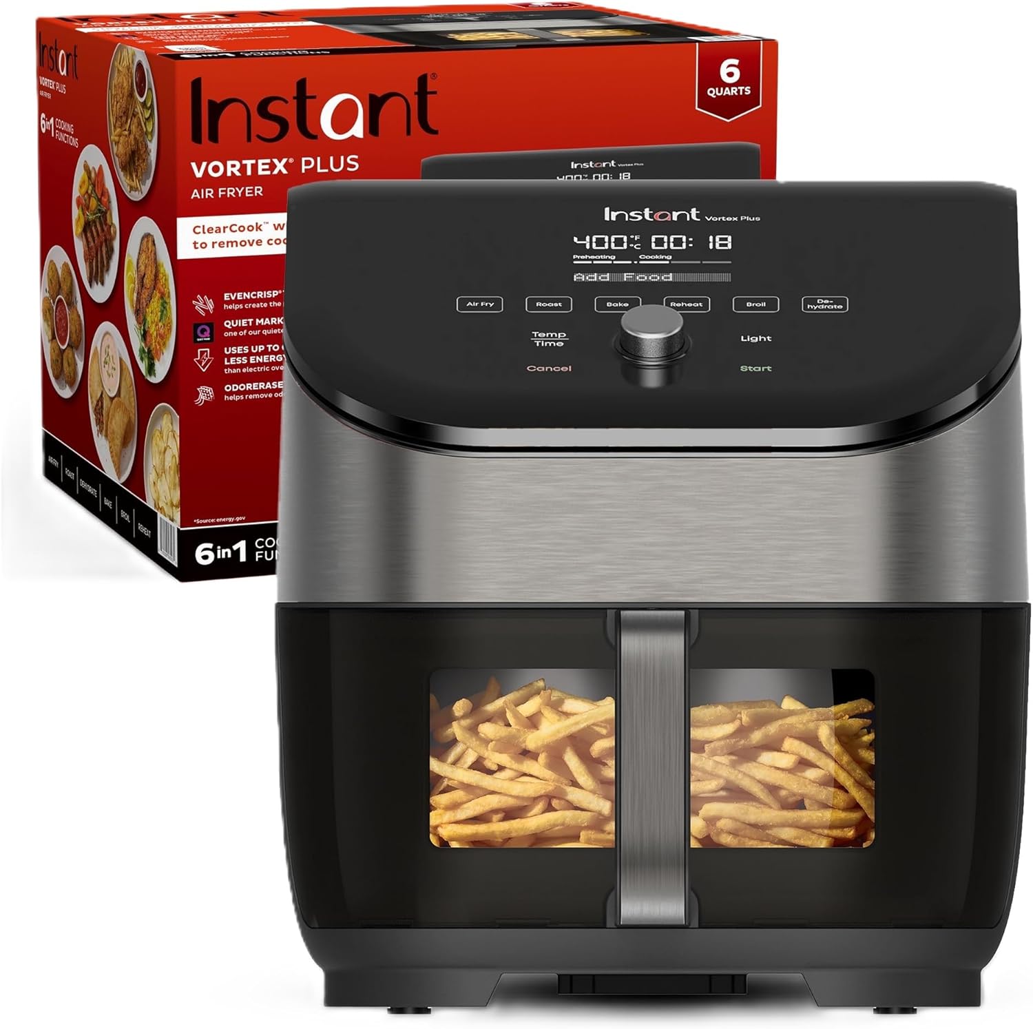 Instant Vortex Plus 6QT Air Fryer with Odor Erase Technology, 6-in-1 Functions that Crisps, Roasts, Broils, Dehydrates, Bakes & Reheats, 100+In-App Recipes, from the Makers of Instant Pot,1700W,Black