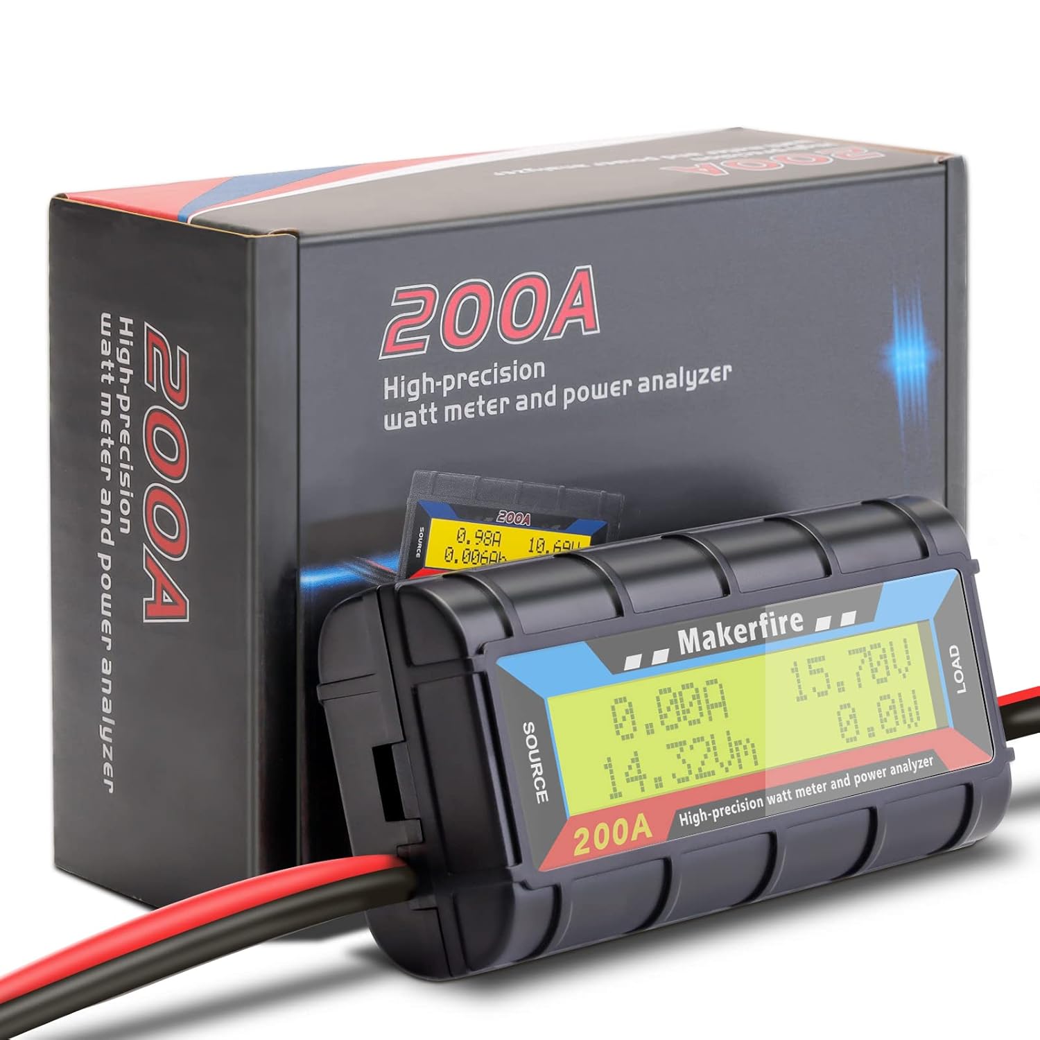 Makerfire 200A Upgraded Watt Meter with Longer Wire, High Precision Power Analyzer Battery testers Voltage Amp Consumption Performance Monitor with LCD Backlight Screen for RC,Solar,Wind Power,Ebike