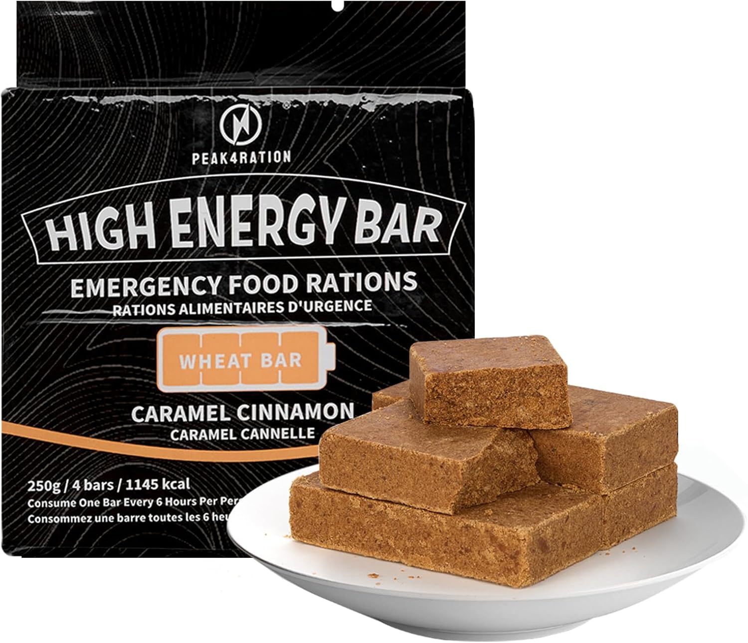 PEAK4RATION High Energy Bar | Emergency Ration Biscuits - Caramel Cinnamon 1145kcal 250g | Long Shelf-Life Compressed Biscuits 1 Day Supply - Compact Survival MRE Food Ration Bar