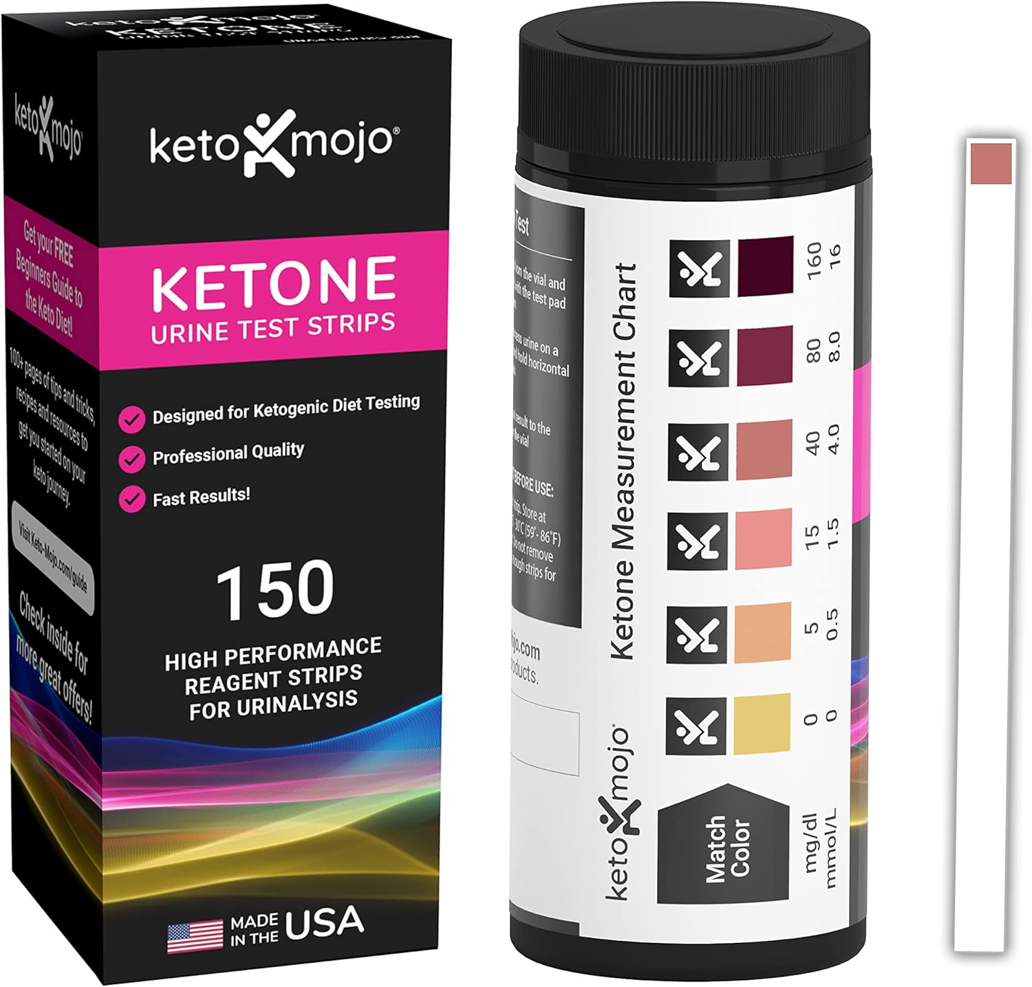150 Ketone Test Strips with Free Keto Guide eBook & Free APP. Urine Test for Ketosis on Ketogenic & Low-Carb Diets. Extra-Long Strips.