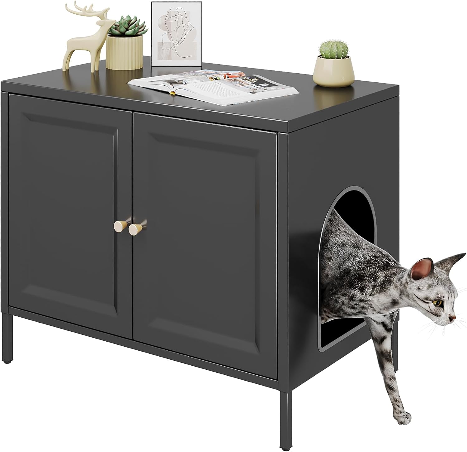 METAN Cat Litter Box Enclosure, Metal Cat Washroom Furniture with Barn Door, Pet House, Fit Most of Litter Box,Black,Assembly Required
