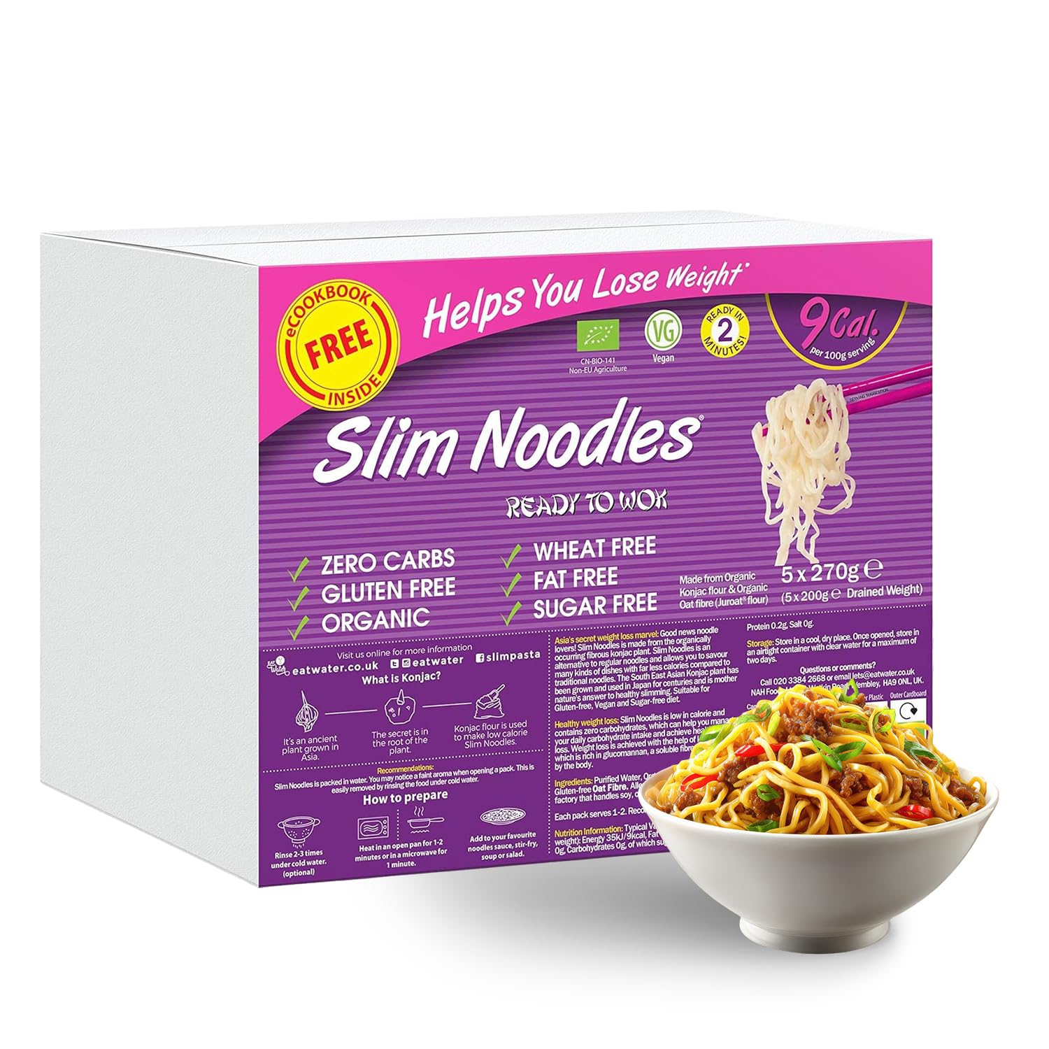 Eat Water Slim Pasta Noodles (Pack of 5, 270g Each) Zero Carbohydrate | Keto, Paleo & Vegan Friendly | Zero Sugar, Low Calorie (9 kcal/100g) Made from Konjac Flour | Enviro Pack