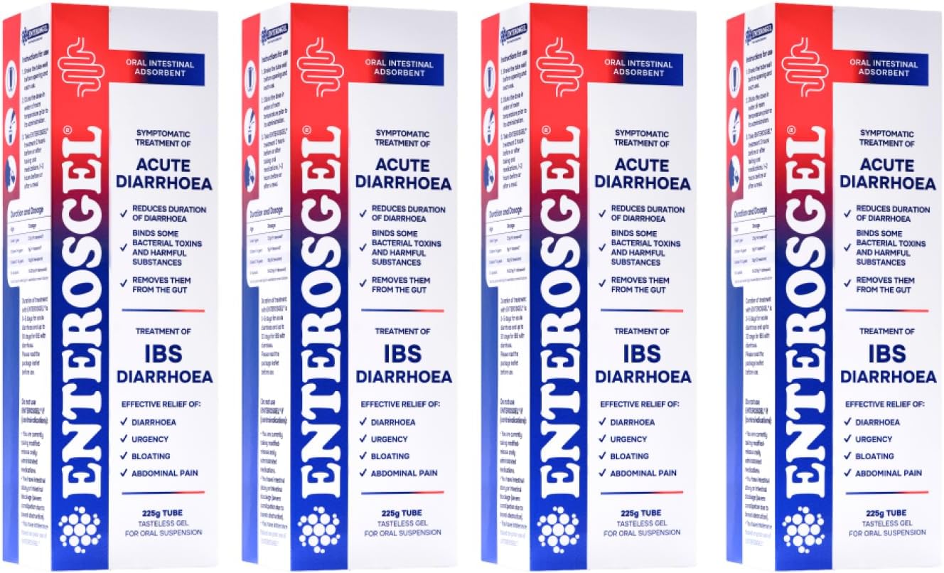 Enterosgel IBS Relief Gel Tube 225g - Oral Intestinal Adsorbent, Acute Diarrhoea & Stomach Pain Relief, Bloating & Trapped Wind Relief - Treats Root Causes, Suitable for Children & Adults, Pack of 4