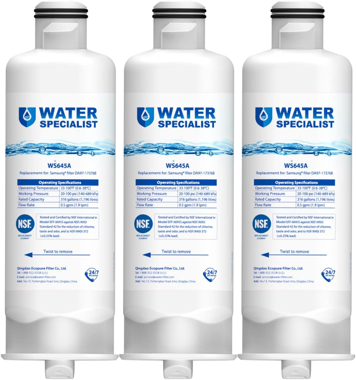 Waterspecialist DA97-17376B Replacement for Samsung HAF-QIN/EXP, HAF-QIN, RF28T5001SR, DA97-08006C, RS27T5200SR, RF28R7351SG, RF24R7201SR, RF27T5201SR, WS645A, Refrigerator Water Filter (Pack of 3)