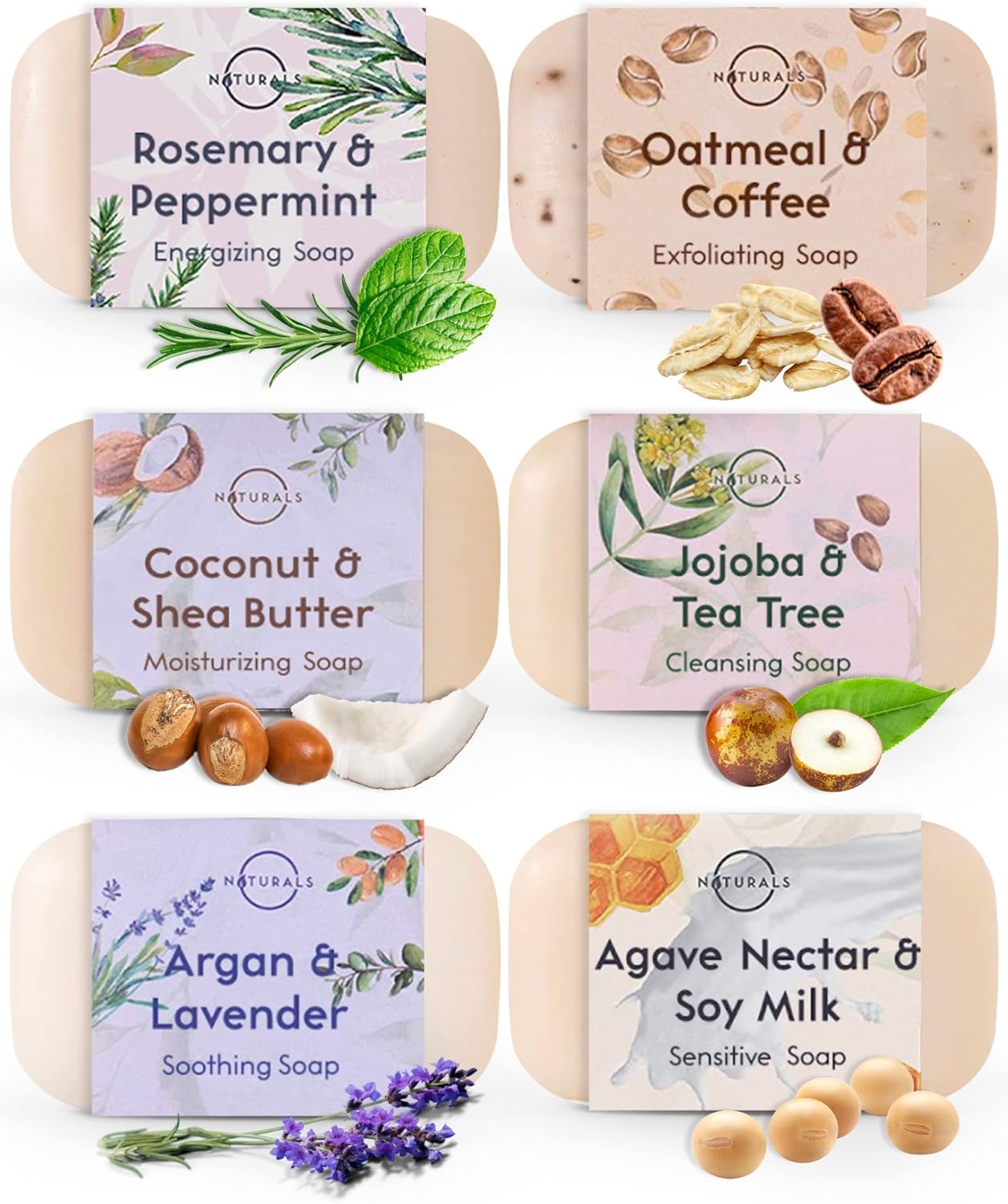 O Naturals Moisturizing Soap Bars - Natural Soap Bar, Organic Soap - Body Soap Bars, Face Soap & Hand Soap - Shower Soap, Body Wash Bar - Stocking Stuffers for Adults (6 pieces, Natural Soap)