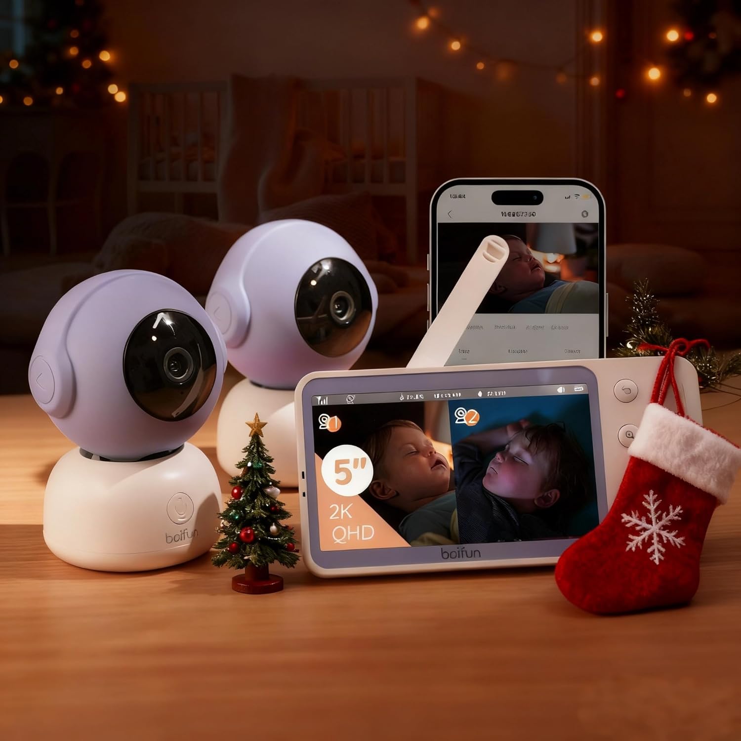 Boifun 2K Baby Monitor with 2 Cameras, 5โ Split-Screen Display, App & Wireless Control, Motion & Cry Alerts, Auto Tracking, 2-Way Audio, Temperature & Humidity Sensor, Smart Monitor for Twins