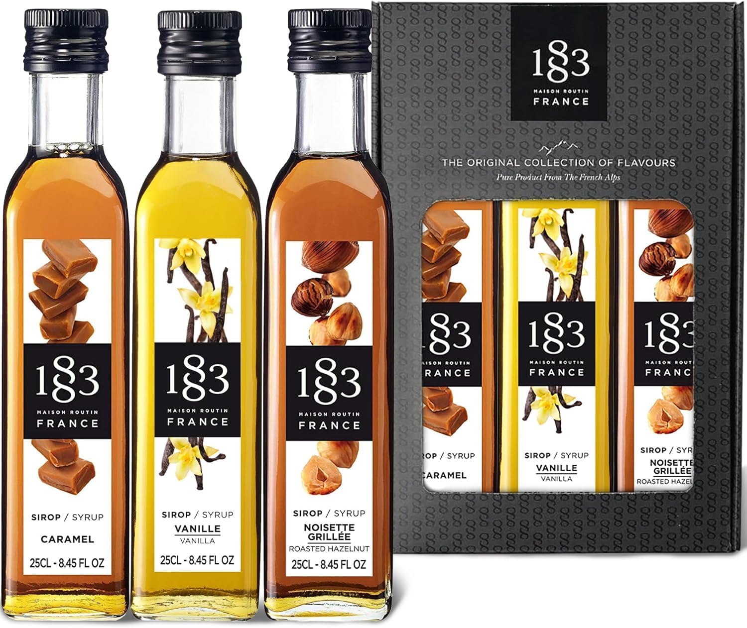1883 Maison Routin Premium Syrup Gift Set for Coffee & Hot Chocolate, Cocktails, Mocktails, Desserts, Vanilla, Caramel & Roasted Hazelnut, Vegan-Friendly, Allergen Free - 3 x 250ml Glass Bottle