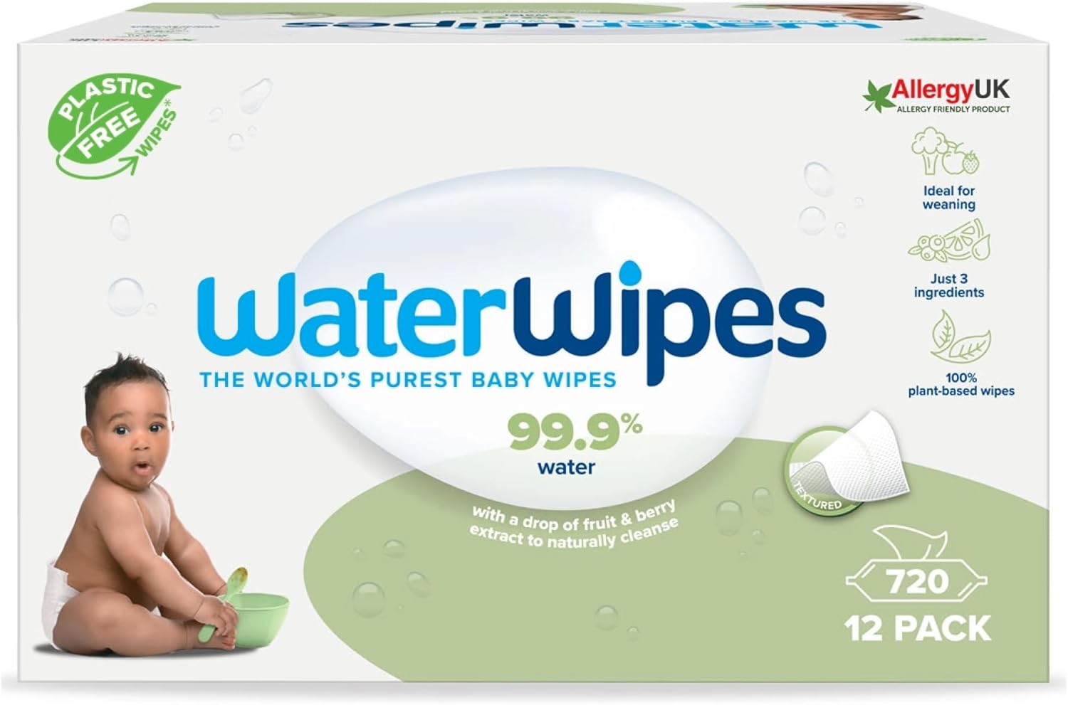 WaterWipes Textured Clean, Toddler & Baby Wipes, 720 Count (12 Packs), 99.9% Water Based Wipes, Unscented, For Sensitive Skin, Packaging May Vary