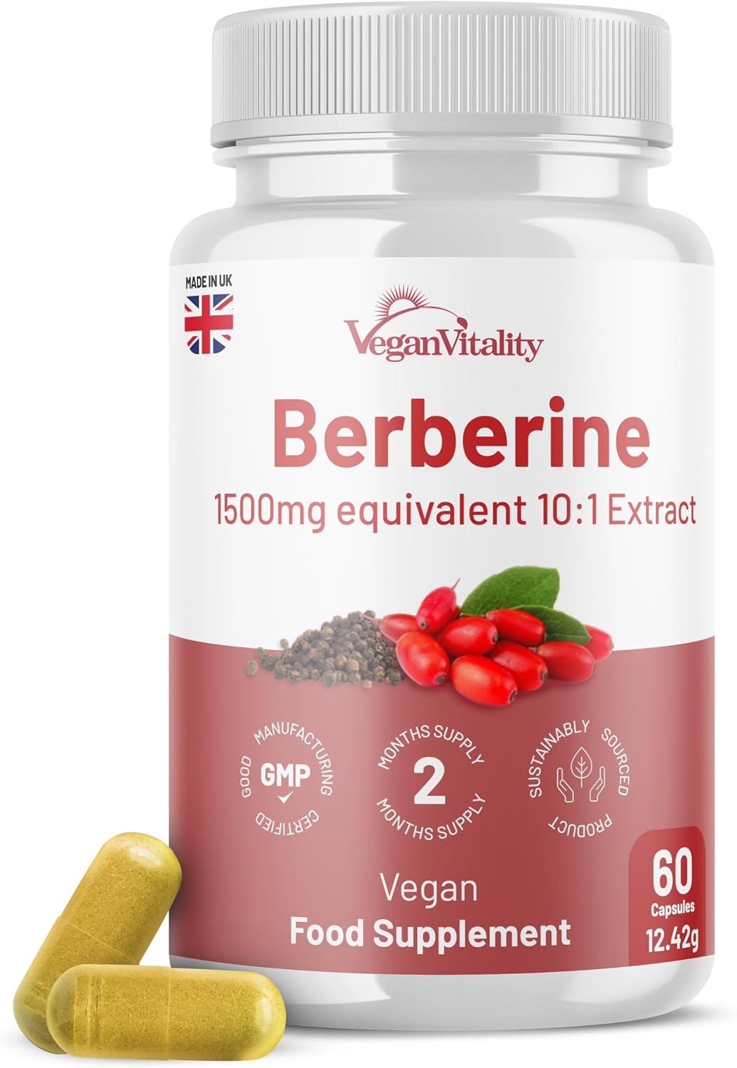 Berberine High Strength 1500mg - Berberine Supplement with Black Pepper, 60 Capsules 2 Months Supply - Weight Management, Clean Berberine Capsules UK