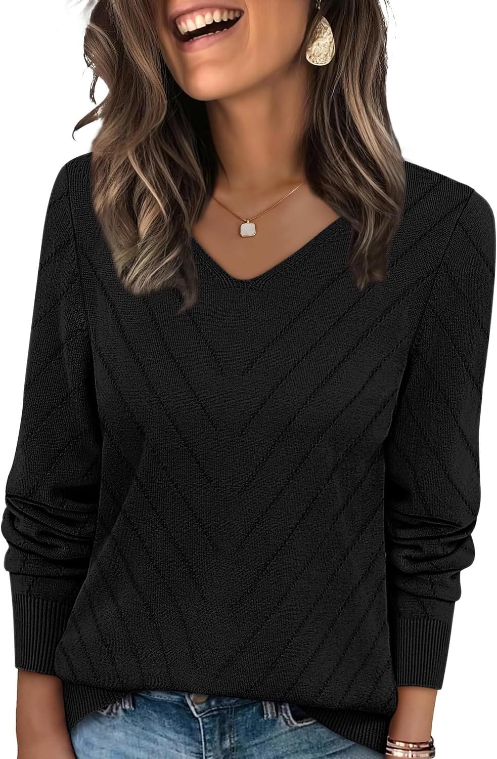 WIHOLL Sweaters for Women V Neck Casual Knit Long Sleeve Tops Lightweight Pullover Clothes Fall Fashion Outfits 2025