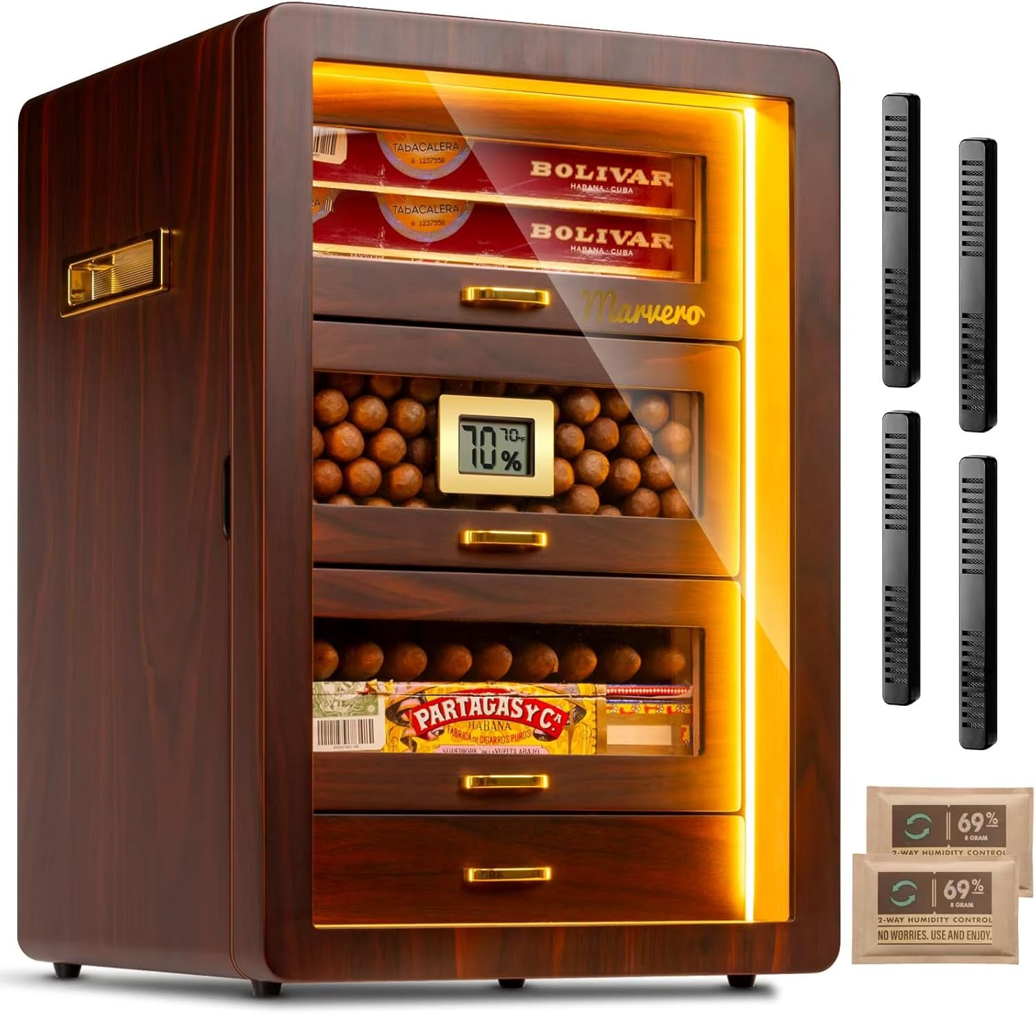 Desktop Humidor Cabinet Triple-Sided Light with Digital Hygrometer, Humidifier and Humidity Packs. 4 Ceder Wood Drawers, Humidor Box can Hold 200 Cigars. Present for Men