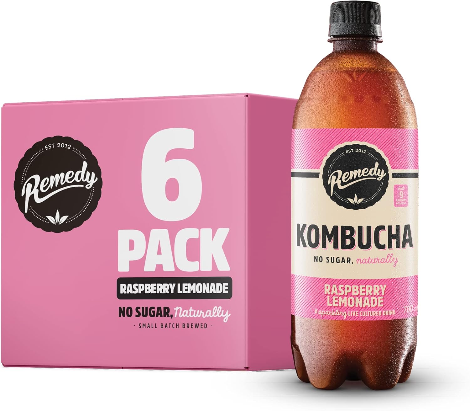 Remedy Kombucha Tea - Raspberry Lemonade - Sparkling Live Cultured Drink - Naturally Sugar Free Soft Drink - Probiotic Drink for Gut Health - 6 x 700ml