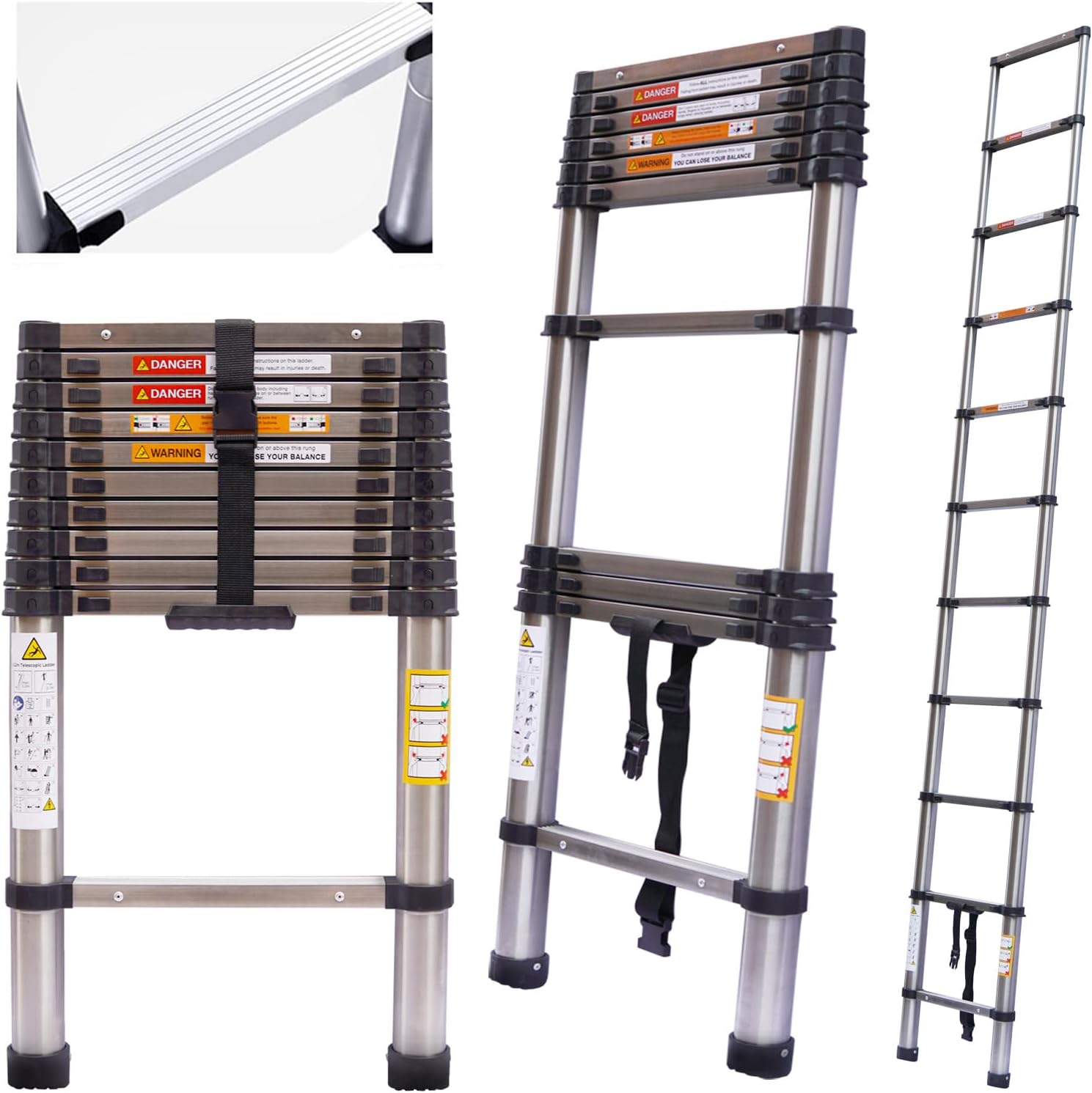 Folding Telescopic Ladder 3.2m 10.5FT Solid Portable Extension Loft Ladder with Double Lock Catch for RV, Attic, Home and Outdoor Work, Max Load 150kg